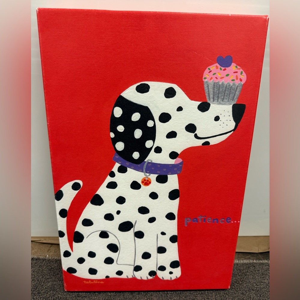 Dalmatian Dog “Patience” Painted Canvas Art with Red Background